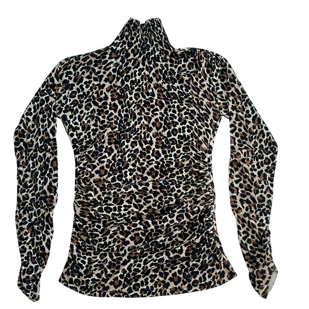 MODA International Turtleneck Sweater Cotton SMALL S Animal Print Ruched Style